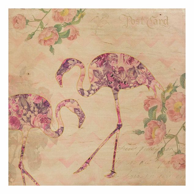 Quadros em madeira flores Vintage Collage - Pink Flowers Flamingos