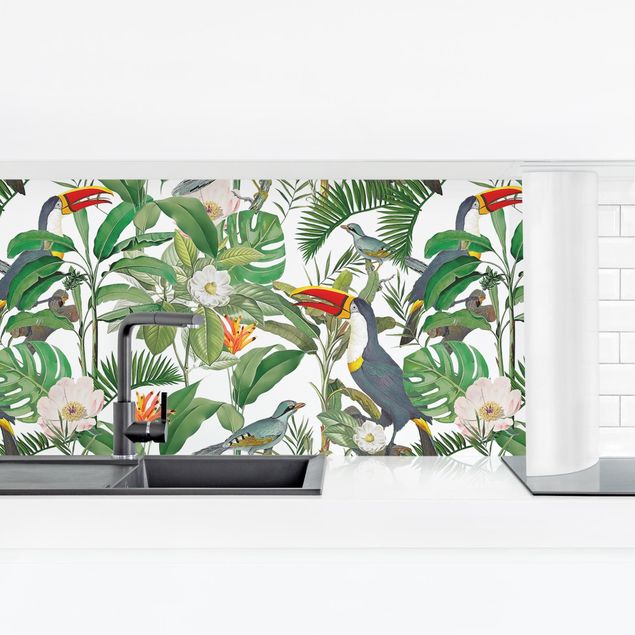 Backsplash de cozinha flores Tropical Toucan With Monstera And Palm Leaves