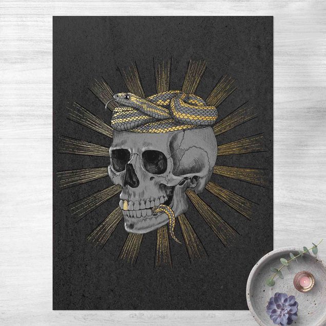 tapetes de exterior Illustration Skull And Snake Black Gold