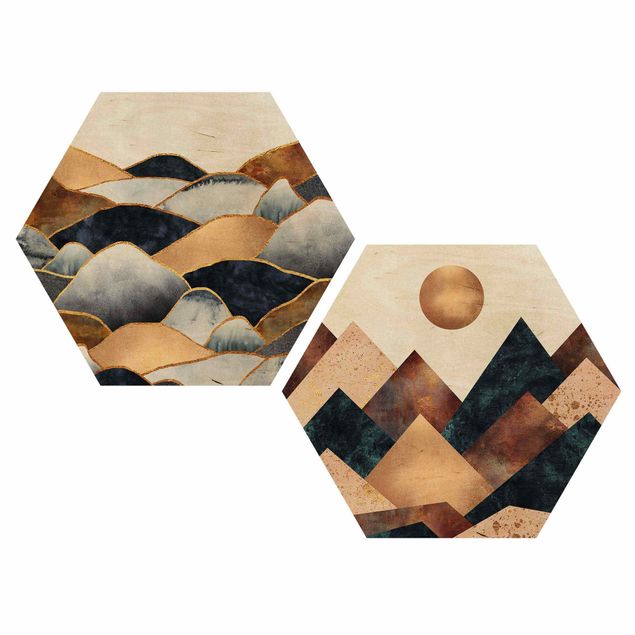 quadros em madeira para decoração Geometric & Golden Mountains Watercolour