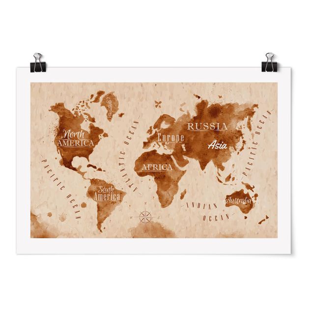 Quadros em marrom World Map Watercolour Beige Brown