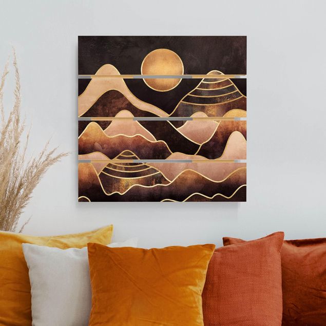 Quadros em madeira paisagens Golden Sun Abstract Mountains