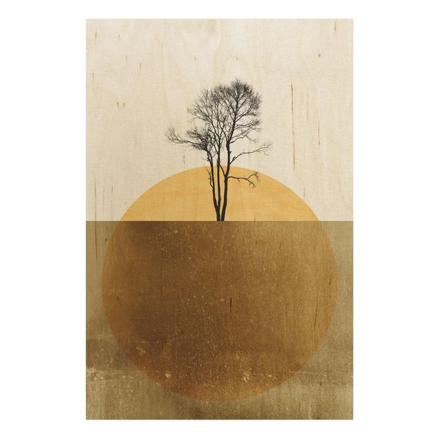 Quadros em madeira paisagens Golden Sun With Tree