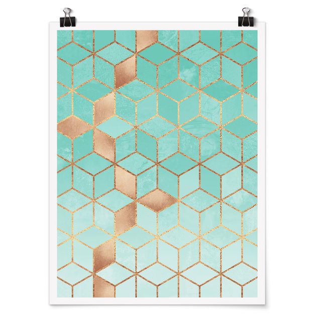 Posters abstratos Turquoise White Golden Geometry