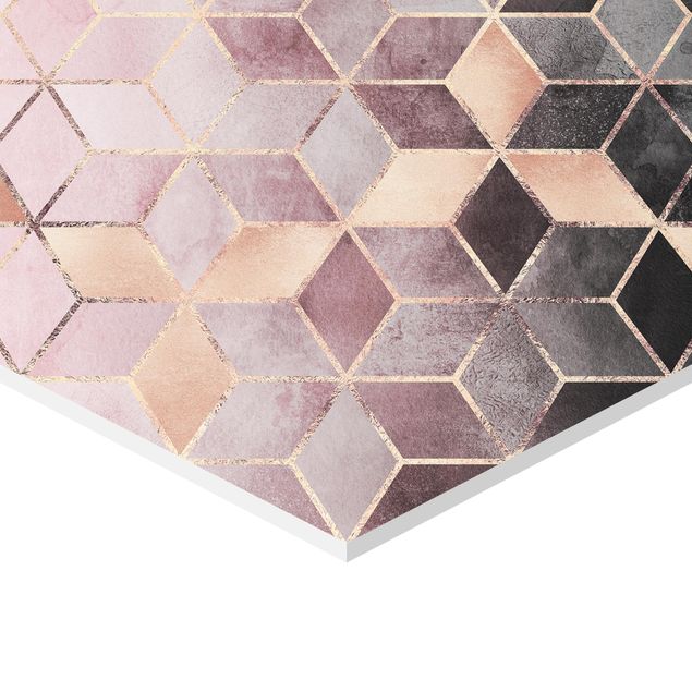 Quadros hexagonais Pink Grey Golden Geometry