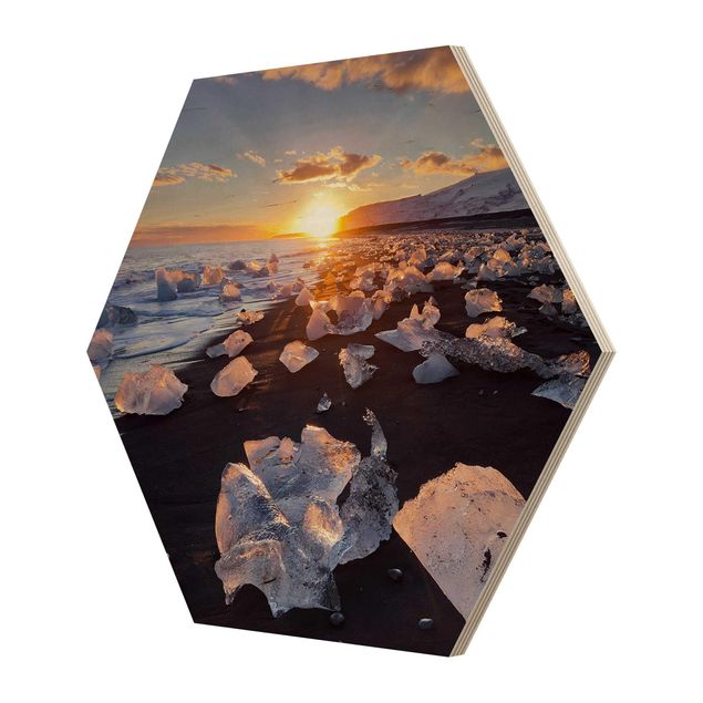 quadro de madeira para parede Chunks Of Ice On The Beach Iceland