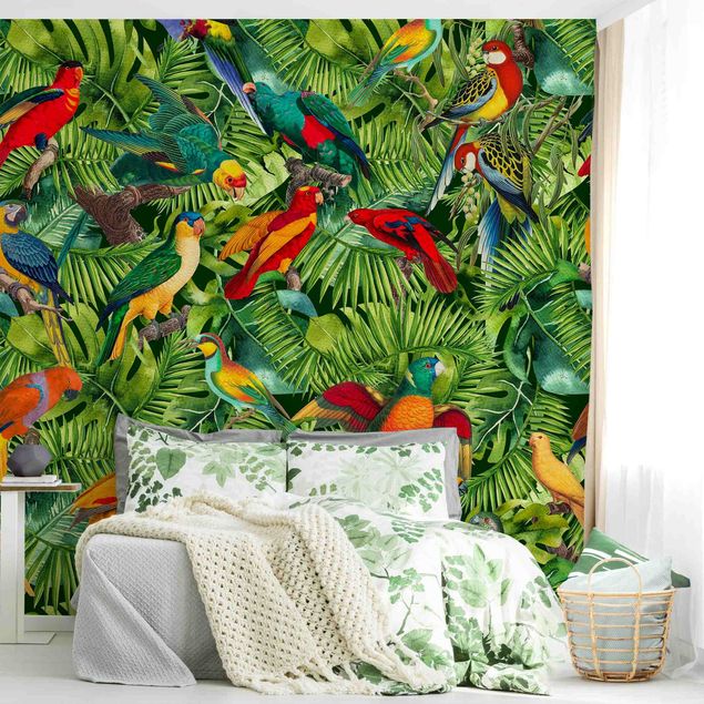 papel parede pássaro Colourful Collage - Parrots In The Jungle