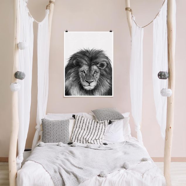 Posters em preto e branco Illustration Lion Monochrome Painting