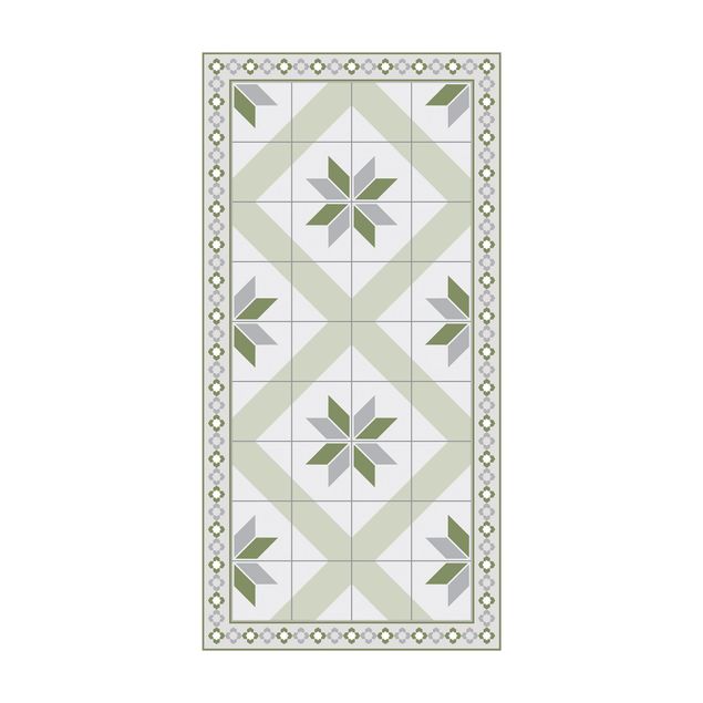 Tapetes imitação azulejos Geometrical Tiles Rhombic Flower Olive Green With narrow Border