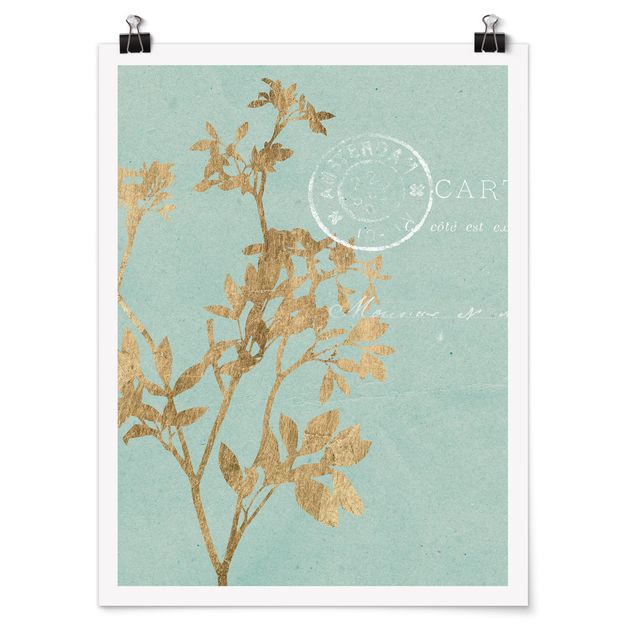 quadro com flores Golden Leaves On Turquoise I