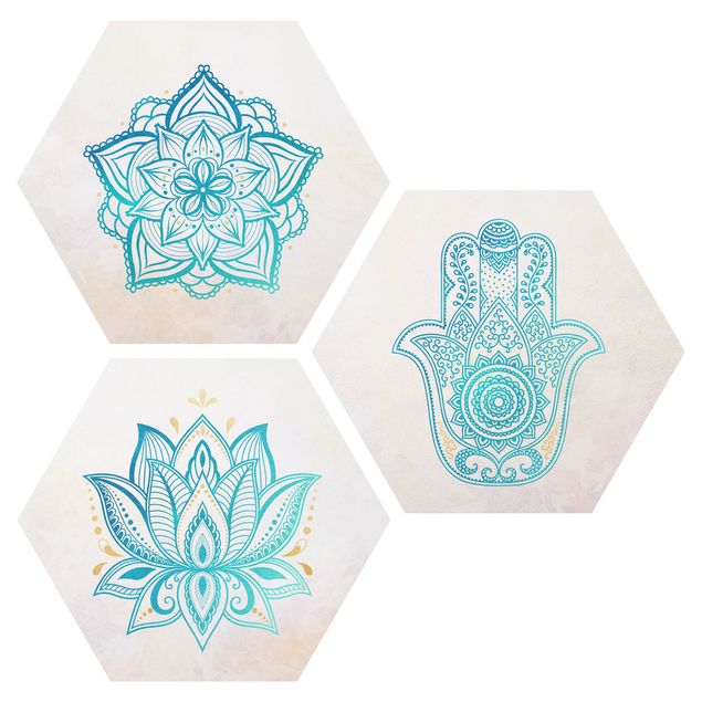 Quadros zen Mandala Hamsa Hand Lotus Set Gold Blue