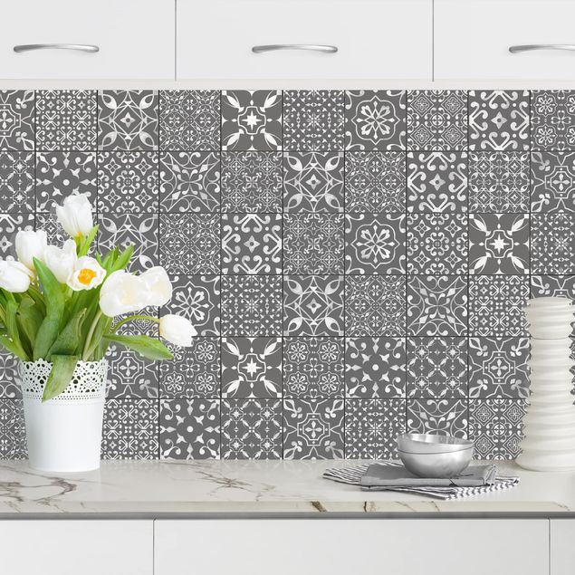 decoraçoes cozinha Patterned Tiles Dark Gray White