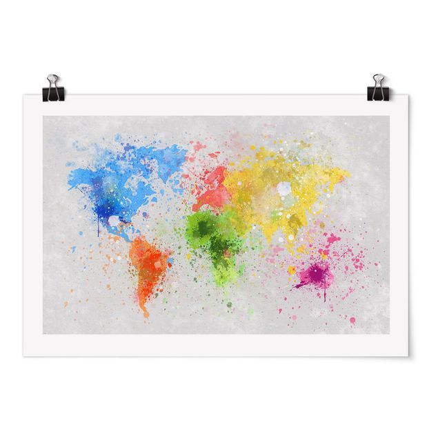 quadros decorativos para sala modernos Colourful Splodges World Map