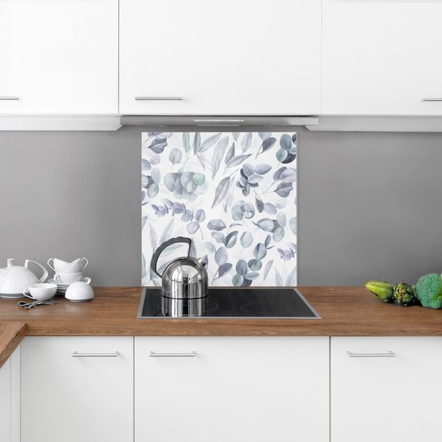 Painel anti-salpicos de cozinha flores Blue Watercolour Eucalyptus Leaves