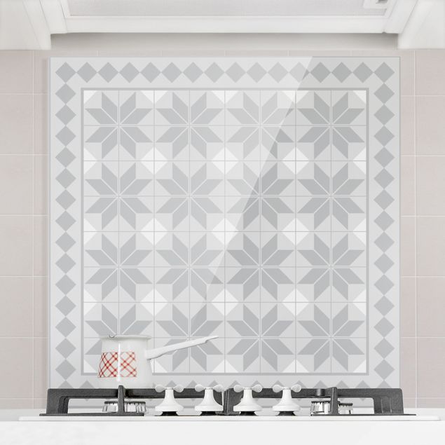 decoraçao para parede de cozinha Geometrical Tiles Star Flower Grey With Border