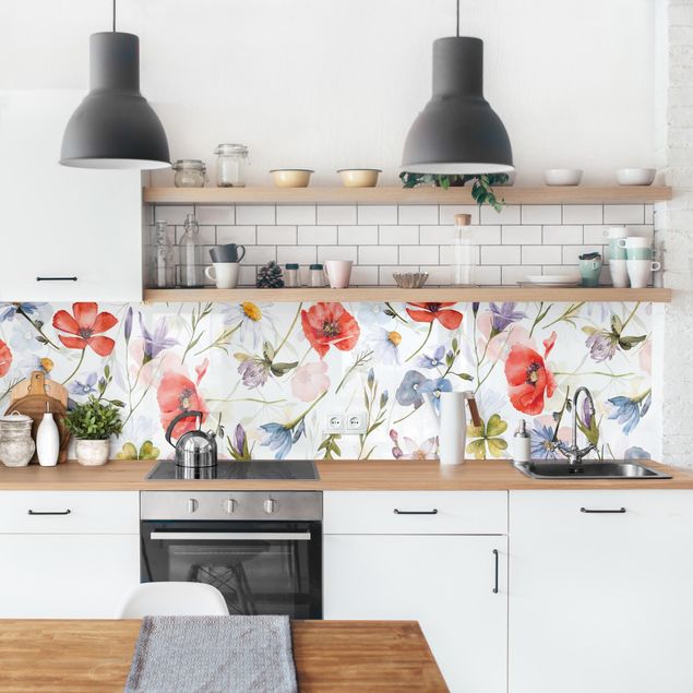 Backsplash de cozinha flores Watercolour Poppy With Cloverleaf