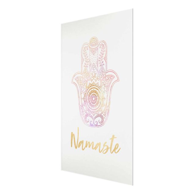 quadro de vidro Hamsa Hand Illustration Namaste Gold Light Pink