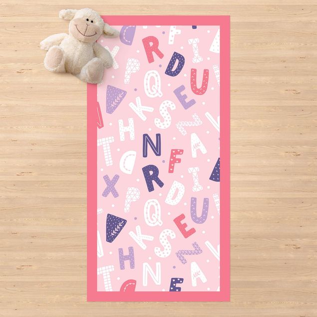 tapetes de exterior Alphabet With Hearts And Dots In Light Pink With Frame