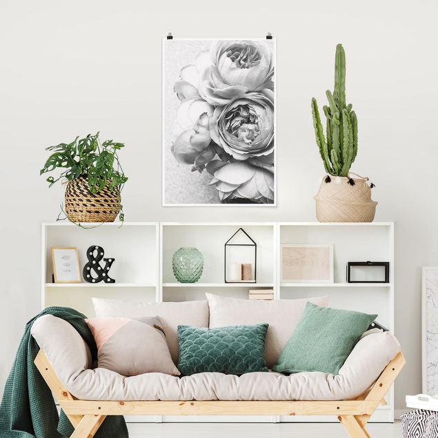 Posters flores Peony Flowers Black White