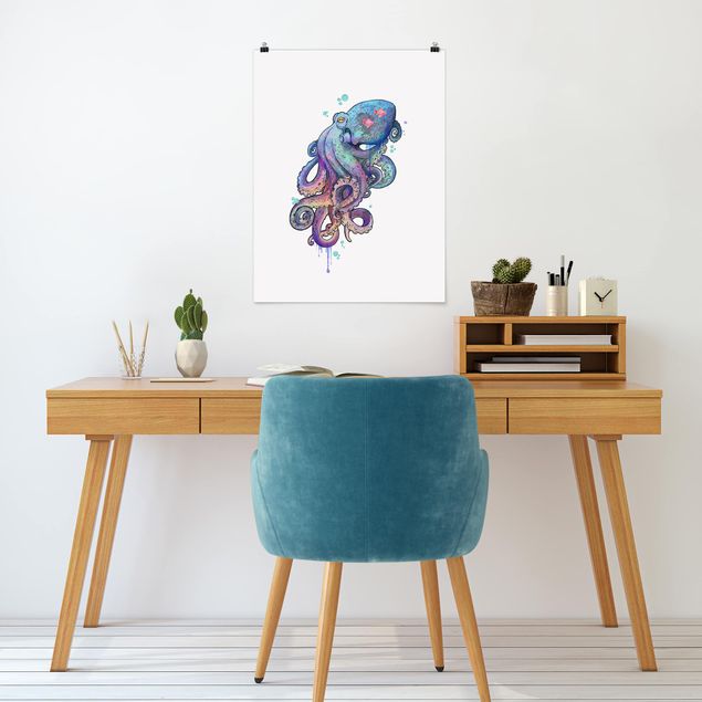 Posters quadros famosos Illustration Octopus Violet Turquoise Painting