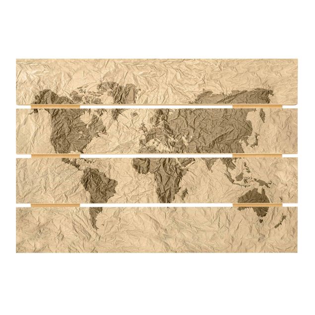 Quadros em madeira Paper World Map Beige Brown