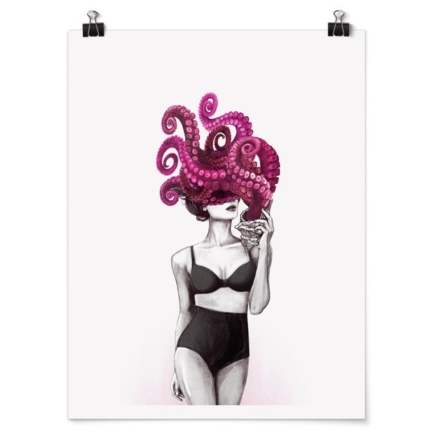 Posters quadros famosos Illustration Woman In Underwear Black And White Octopus