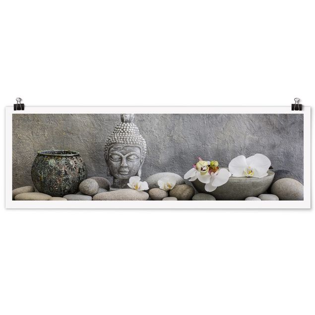 Quadros famosos Zen Buddha With White Orchids