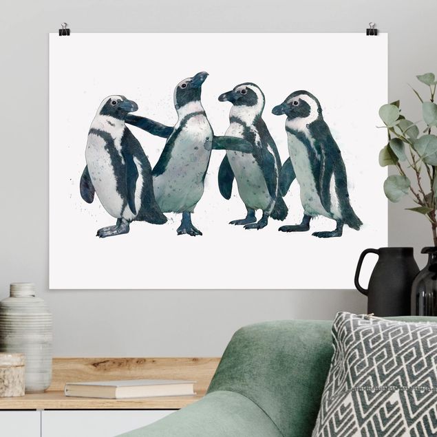 Posters em preto e branco Illustration Penguins Black And White Watercolour