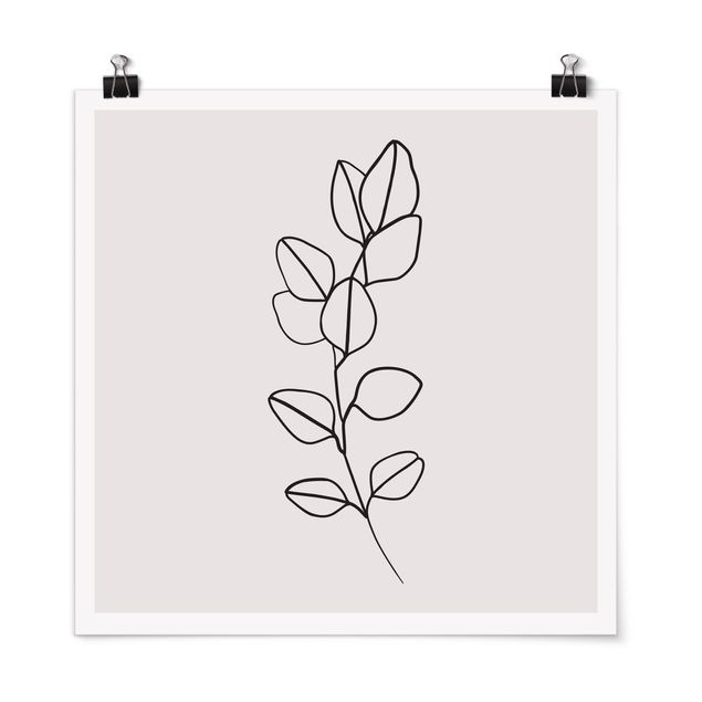 Posters flores Line Art Branch Leaves Black And White