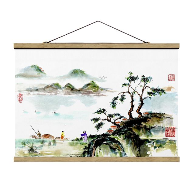 quadro da natureza Japanese Watercolour Drawing Lake And Mountains