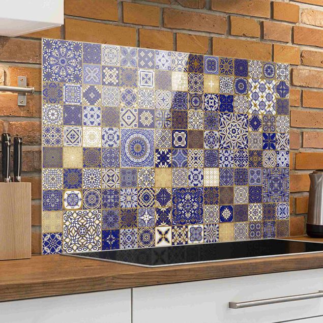 decoraçao para parede de cozinha Oriental Tiles Blue With Golden Shimmer