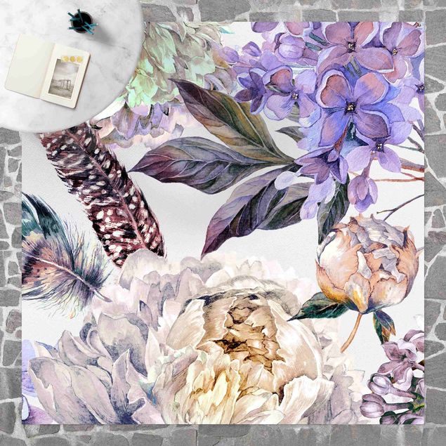 Tapete para varandas Delicate Watercolour Boho Flowers And Feathers Pattern