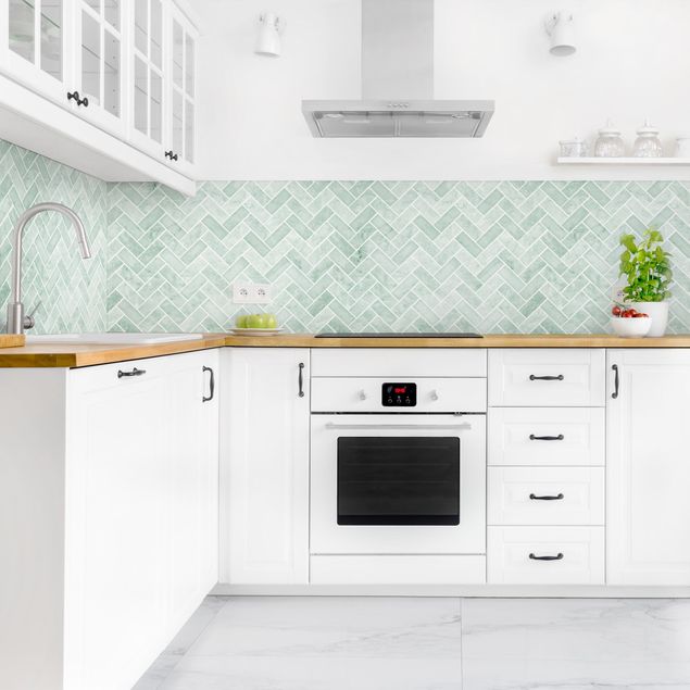 Backsplash de cozinha imitação azulejos Marble Fish Bone Tiles - Mint