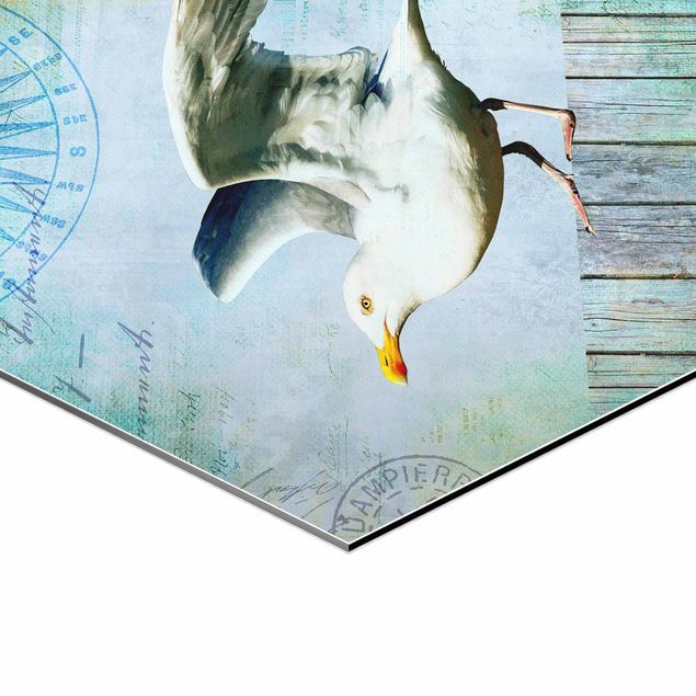 quadros para parede Vintage Collage - Seagull On Wooden Planks