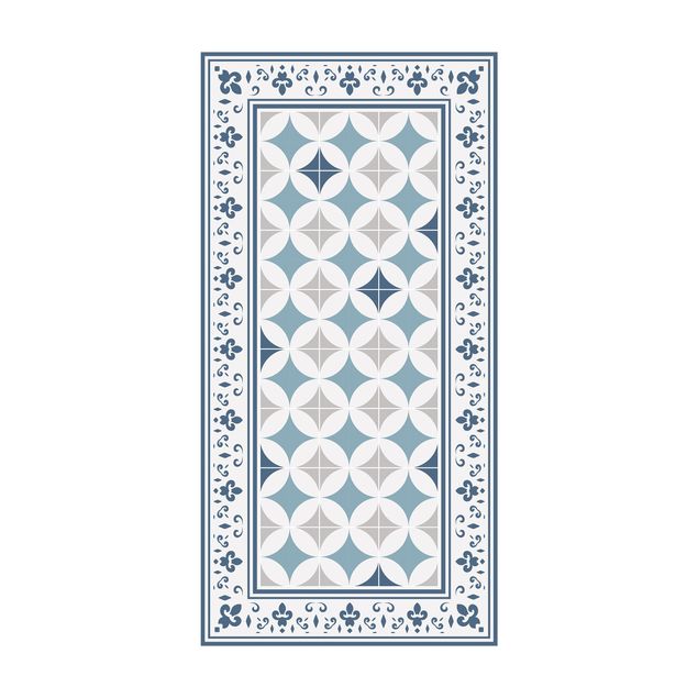 Tapetes imitação azulejos Geometrical Tiles Circular Flowers Dark Blue With Border