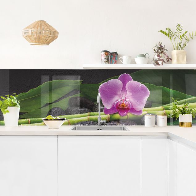 Backsplash de cozinha imitação pedra Green Bamboo With Orchid Flower