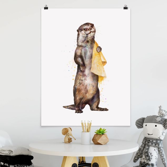 Posters quadros famosos Illustration Otter With Towel Painting White