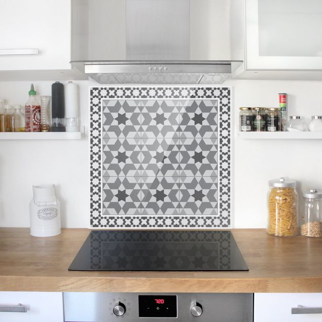Painel anti-salpicos de cozinha padrões Geometrical Tiles Kaleidoscope grey With Border