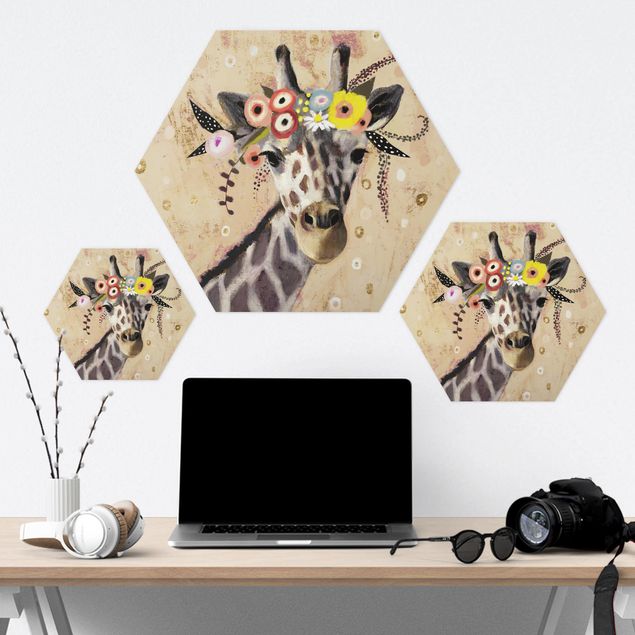 Quadros hexagonais Klimt Giraffe