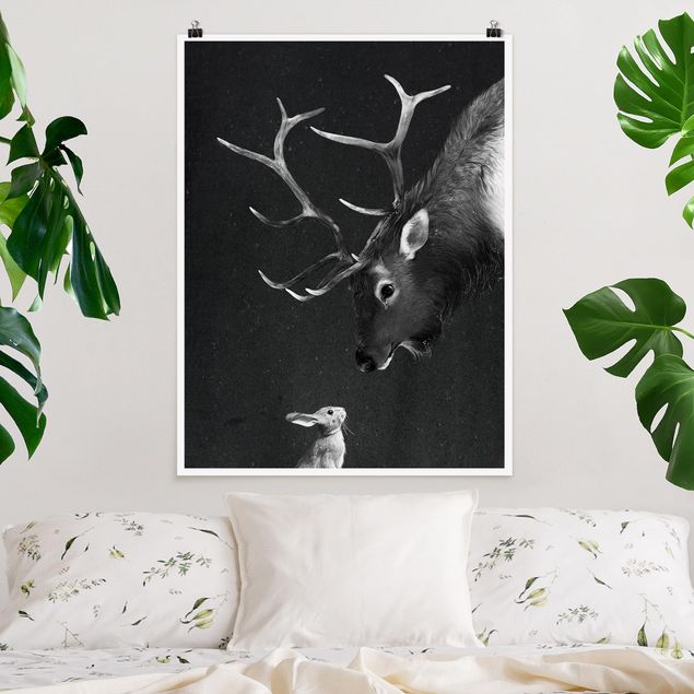 decoraçoes cozinha Illustration Deer And Rabbit Black And White Drawing