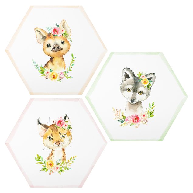 quadros decorativos para sala modernos Watercolour Forest Animals With Flowers Set II
