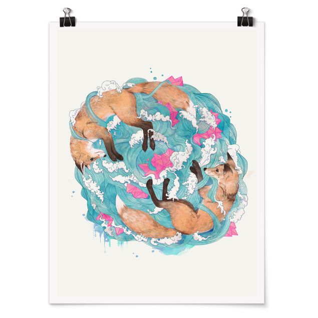 Quadros famosos Illustration Foxes And Waves Painting