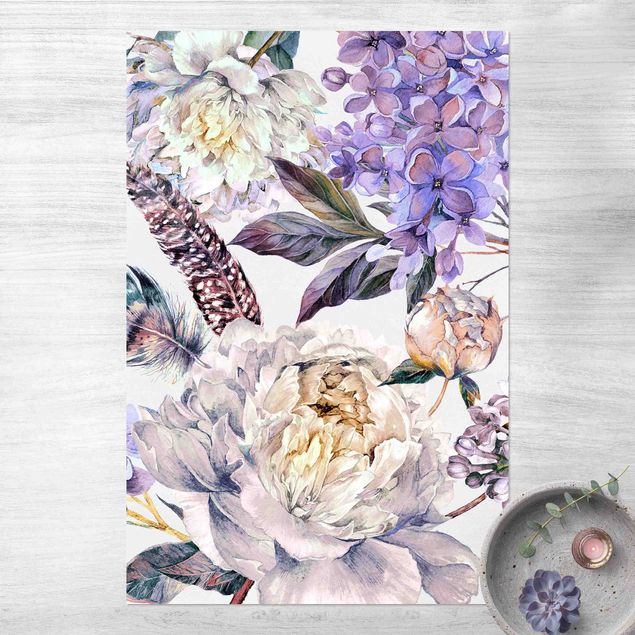 Tapetes exteriores Delicate Watercolour Boho Flowers And Feathers Pattern