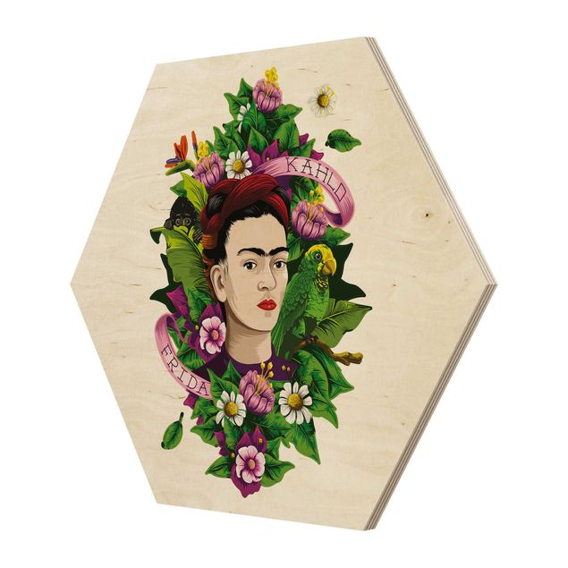 quadros em madeira para decoração Frida Kahlo - Frida, Monkey And Parrot