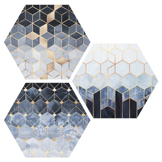 Quadros abstratos Blue White Golden Hexagons Set