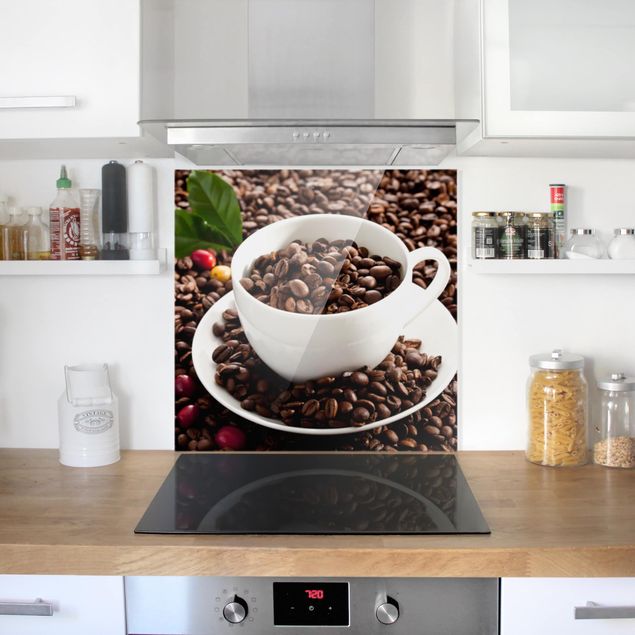 Painel antisalpicos Coffee Cup With Roasted Coffee Beans