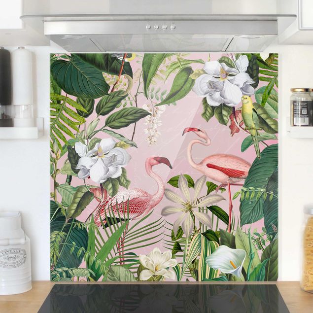 decoraçao para parede de cozinha Tropical Flamingos With Plants In Pink