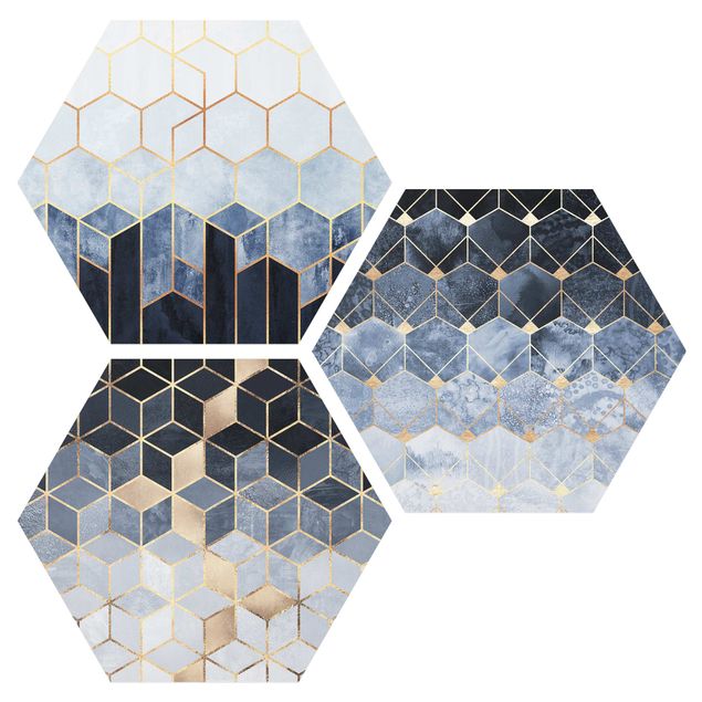 Quadros abstratos Blue White Golden Hexagons Set