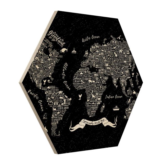 quadros em madeira para decoração Typography World Map Black