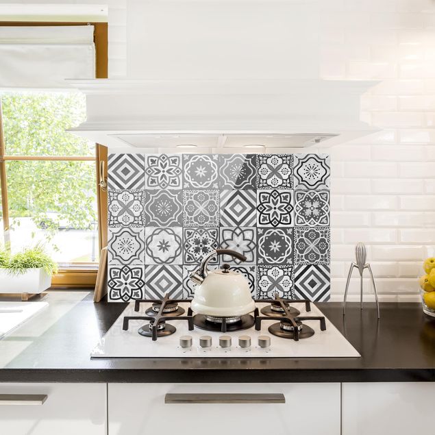 Painel anti-salpicos de cozinha padrões Mediterranean Tile Pattern Grayscale